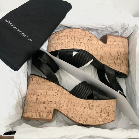 Sigerson Morrison Becca Black Leather Cork Wedge Sandal Ankle Strap Platform 9.5 - Picture 12 of 16